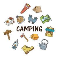 paquete de iconos de camping y letras vector