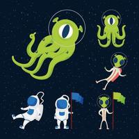 aliens and astronauts space icon set vector
