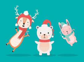 reindeer with polar bear and rabbit wearing christmas clothes characters vector