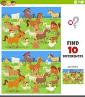 juego educativo de diferencias con animales de granja. vector