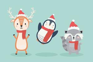 reindeer and penguin with raccoon wearing christmas clothes characters vector