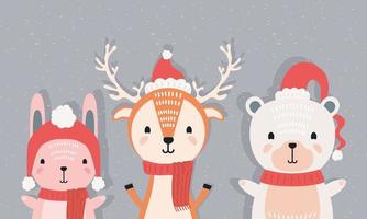 rabbit with reindeer and polar bear wearing christmas clothes characters vector