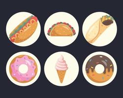 paquete de nueve iconos de comida rápida vector