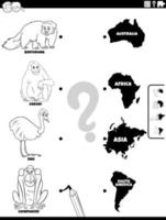 match animals and continents color book page vector