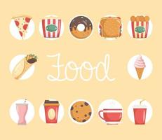 bundle of twelve fast food icons and lettering vector