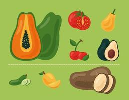 paquete de ocho frutas y verduras frescas, iconos de alimentos saludables vector