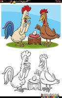 rooster and hen with egg cartoon coloring book page vector