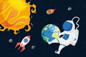 astronaut space character with planets and sun vector