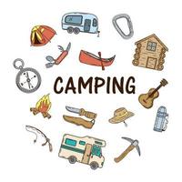 paquete de iconos de camping y letras vector