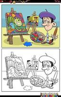 cartoon funny painter in studio coloring book page vector