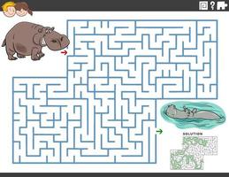 maze educational game with funny hippos animal characters vector