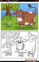 cartoon funny cow on pasture coloring book page vector