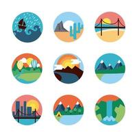 Cute landscape scenes icon set vector