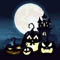 Halloween dark night scene with pumpkins and castle vector