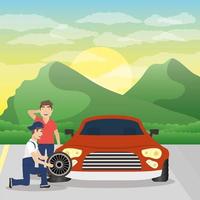 man mechanic working in a car, changing the tires vector