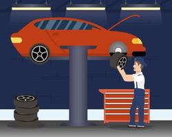 man mechanic working in a car, changing the tires vector