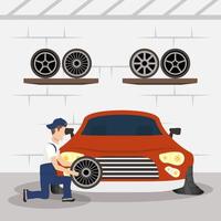 man mechanic working in a car, changing the tires vector