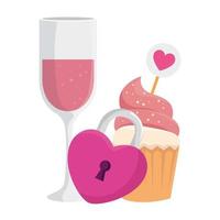 cup champagne with cupcake and padlock vector