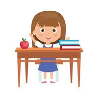 Chica estudiante sentada en el escritorio de la escuela sobre fondo blanco. vector