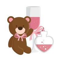 teddy bear with cup champagne and fragrance in heart bottle vector