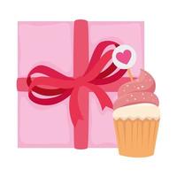 Delicioso cupcake con icono aislado de caja de regalo vector