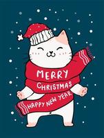 cute cat in red scarf, merry christmas and happy new year vector