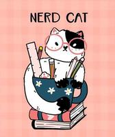 lindo gato nerd con gafas y libros vector