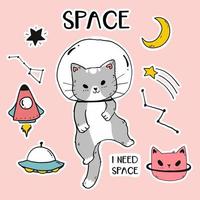 lindo gato astronauta con iconos espaciales vector