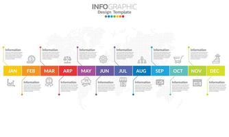 Timeline infographic template with 12 label, 12 months 1 year with steps and options. vector