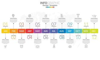 Plantilla de infografía de línea de tiempo con 12 etiquetas, 12 meses 1 año con pasos y opciones. vector