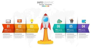 Infografía de inicio de 6 pasos con lanzamiento de cohete. concepto de negocios y finanzas. vector