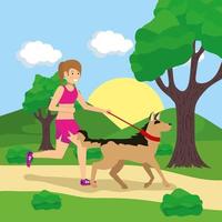 Woman walking the dogs outdoors vector