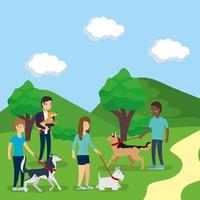 People walking dogs outdoors vector