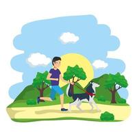 Man walking dogs outdoors vector