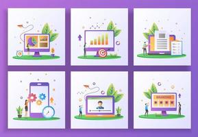 conjunto de concepto de diseño plano. gestión de datos, informes de ventas, creador de contenido, actualización de aplicaciones móviles vector