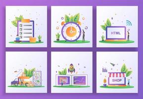conjunto de concepto de diseño plano. verificación de documentos, gestión del tiempo, desarrollo web, servicio de entrega vector
