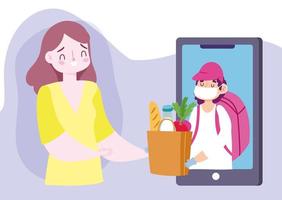 safe delivery at home during coronavirus covid-19, young woman with smartphone order online food market vector