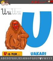 letter U from alphabet with cartoon uakari animal vector