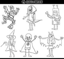 Los niños en disfraces de halloween establecen página de libro para colorear de dibujos animados vector