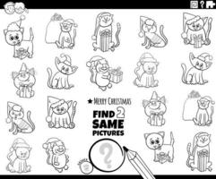 find two same kittens characters task coloring book page vector