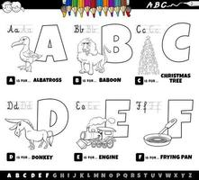 Conjunto de letras del alfabeto de dibujos animados educativos de la A a la F para colorear vector