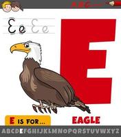 letter E worksheet with cartoon eagle bird vector