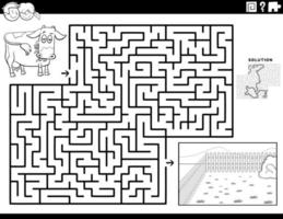 maze game with cow and pasture coloring book page vector