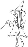 girl in witch costume at Halloween party coloring book page vector
