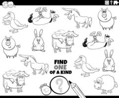 one of a kind task with farm animals coloring book page vector