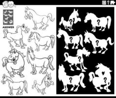 matching shapes game with horses coloring book page vector