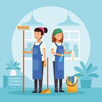 housekeeping female workers with tools vector