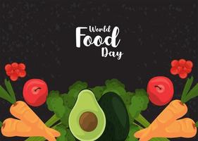 cartel del día mundial de la alimentación con verduras sobre fondo negro vector