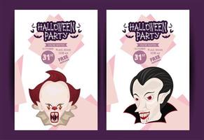 cartel de celebración de fiesta de terror de halloween con payaso oscuro y vampiro vector
