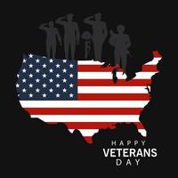 happy veterans day lettering with military officers and USA map vector